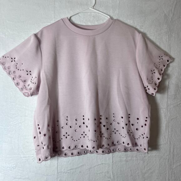 Elie Tahari Eyelet Scallop Hem Blouse Pink Short Sleeve Top Size XL - Picture 1 of 6